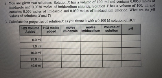 contains 0.0050 moles of 2. You are given two solutions. Solution X has a volume of 100. ml and imidazole and 0.0030 moles of imidazolium chloride. Solution Y has a volume of 100. ml and contains 0.050 moles of imidazole and 0.030 moles of imidazolium chloride. What are the pH values of solutions X and ? 3. Calculate the properties of solution X as you titrate it with a 0.100 M solution of HCI: moles Volume of added imidazole imidazolium solution HCI Volume HCI molesmoles pH Added 0.0 ml 1.0 ml 10.0 ml 25.0 ml 49.0 ml