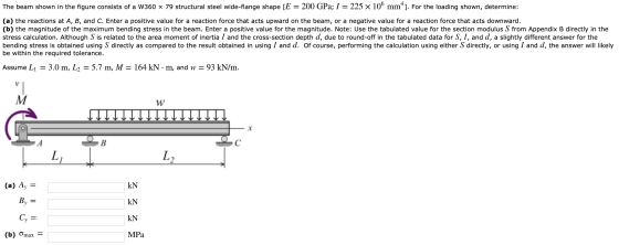 The beam shown in the figure consists of a W360 79 structural steel wide-flange shape [E = 200 GPa; 1 = 225 x 100 mm]. For t