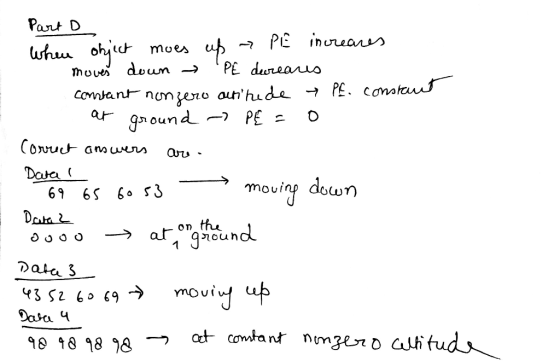 Part D when object moes up → PE increases moves down → PE dureares constant nonzero actitude Pe. constant at ground - PE =0
