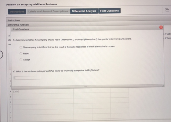 Decision on accepting additional business Instructions Labels and Amount Descriptions Differential Analysis Final Questions I