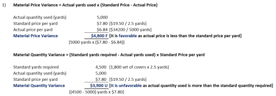 1) Material Price Variance = Actual yards used x (Standard Price - Actual Price) Actual quantity used (yards) 5,000 Standard