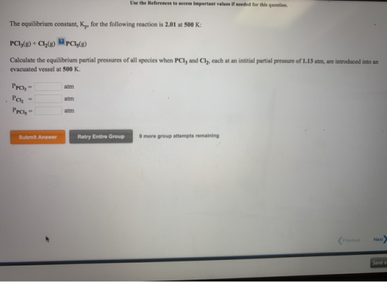Use the References to access important values if needed for this question The equilibrium constant, Kp, for the following rea