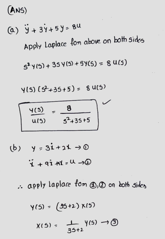 (ANS) a) 9 + 3Y + 5 84 Apply Laplace for above on both sides gay19) + 39 Y () +59(5) - 8 U15) Y(S) (52+35+5) - 8 u(s) - 409)