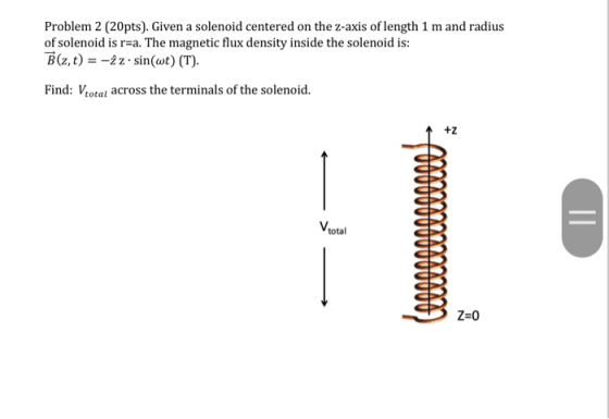 Problem 2 (20pts). Given a solenoid centered on the z-axis of length 1 m and radius of solenoid is r=a. The magnetic flux den