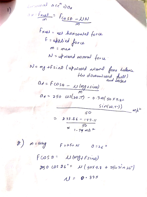 horzort al ace - ax ar: fonet - Foso -un m foneta = net horizontal force fa applied force m = mas N = up world normal force