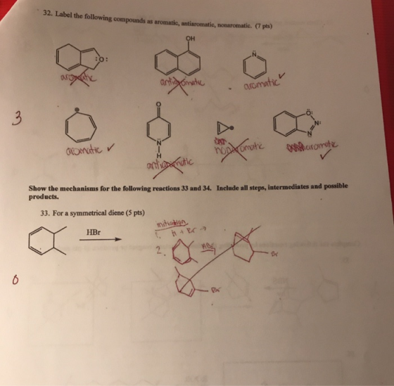 32. Label the following compounds as aromatic, antiaromatic, nonaromatic. (7 pts) ar anticomac aromatic . aromatic r horomete