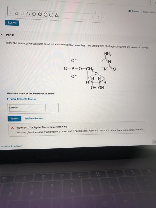 -A0000001 Review Con Submit Part B Name the heterocyclic su n t found in the molecule shown according to the general type of