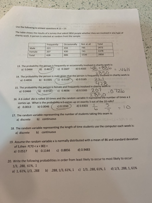 Use the following to answer questions #13 - 15 The table shows the results of a survey that asked 2850 people whether they ar