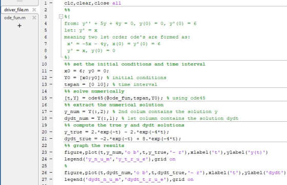 clc, clear, close all X 2 driver_file.m ode_fun. m x from: y + 5y + 4y = 0, y(0) = 0, y (0) = 6 let: y = x meaning two ls