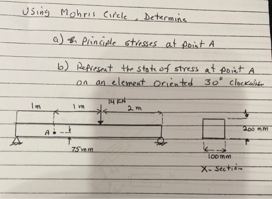 using Mohris Circle Determine a) & Principle stresses at point A b) - Represent the state of stress at point A on an element