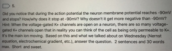 5. Did you notice that during the action potential the neuron membrane potential reaches -90mV and stops? How/why does it stop at -90mV? Why doesnt it get more negative than -90mV? Hint: When the voltage-gated K+ channels are open on a neuron, there are so many voltage- gated K+ channels open that in reality you can think of the cell as being only permeable to K+. Its the main ion moving. Based on this and what we talked about on Wednesday (Nernst equation, electrochemical gradient, etc.), answer the question. 2 sentences and 30 words max. Short and sweet.