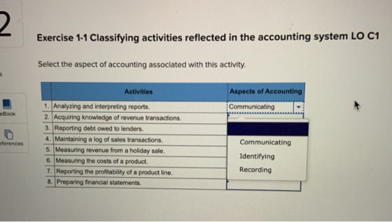Exercise 1-1 Classifying activities reflected in the accounting system LO C1 Select the aspect of accounting associated with