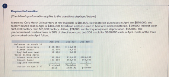 Required information The following information applies to the questions displayed below.) Marcelino Co.s March 31 inventory