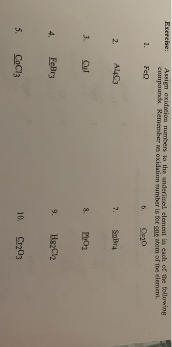 Exercise: Assign oxidation numbers to the underlined element in each of the following compounds. Remember an oxidation number