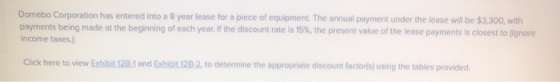 Domebo Corporation has entered into a 8 year lease for a piece of equipment. The annual payment under the lease will be $3,30