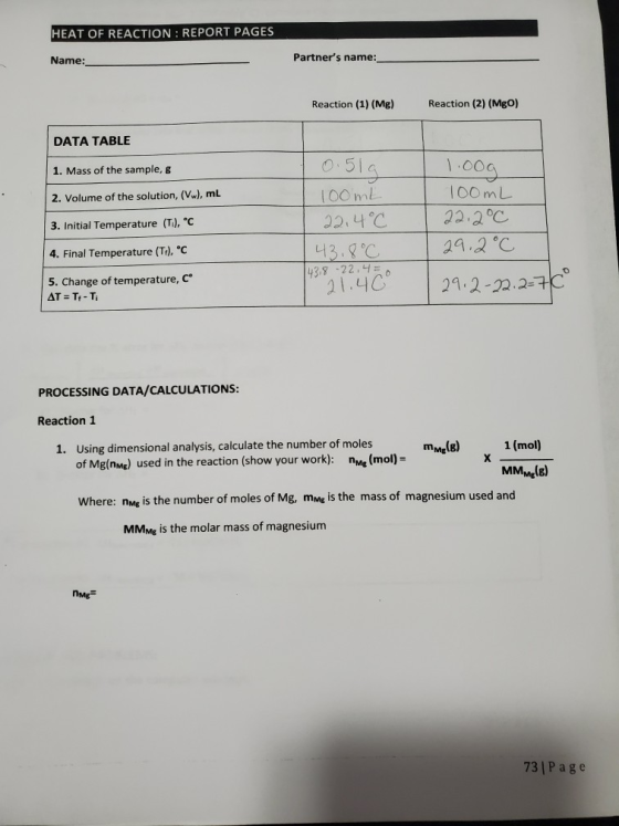 HEAT OF REACTION : REPORT PAGES Name: Partners name: Reaction (1) (Mg) Reaction (2) (Mgo) DATA TABLE 1. Mass of the sample,