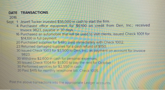 DATE TRANSACTIONS 2016 Sept. 1 Jewell Tucker invested $56,000 in cash to start the firm. 4 Purchased office equipment for $6,