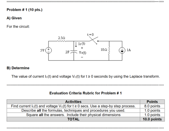 Problem # 1 (10 pts.) A) Given For the circuit: t-0 2.582 Ic(t) 5V (+ 2FTVc) 102 B) Determine The value of current lc(t) and voltage Vc(t) for t 2 0 seconds by using the Laplace transform. Evaluation Criteria Rubric for Problem # 1 Points 8.0 points 1.0 points 1.0 points 10.0 points Activities Find current Ic(t) and voltage Vc(t) for t 2 0 secs. Use a step-by step process. Describe all the formulas, techniques and procedures you used. Square all the answers. Include their physical dimensions TOTAL
