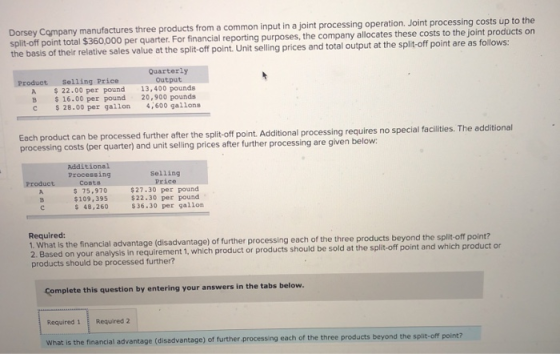 Dorsey Company manufactures three products from a common input in a joint processing operation. Joint processing costs up to