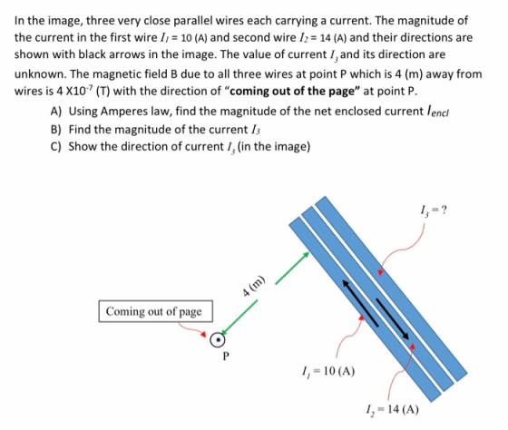 In the image, three very close parallel wires each carrying a current. The magnitude of the current in the first wire I; = 10
