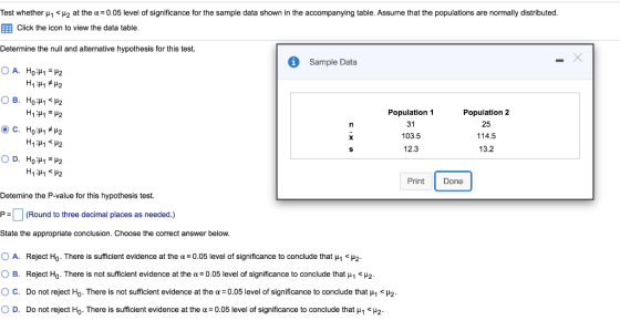 Test whether Hy <H2 at the a=0.05 level of significance for the sample data shown in the accompanying table. Assume that the