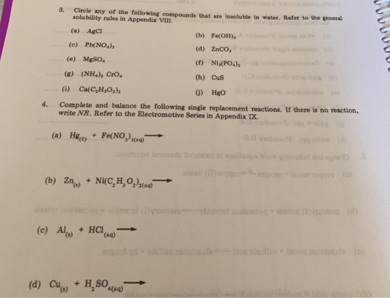3. Circle any of the following compounds that are insoluble in water. Refer to the general solubility rules in Appendix VIII.