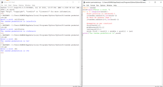 - X Python 3.8.5 Shell Х Brandom permutation.py - C:/Users/ADMIN/AppData/Local/Programs/Python/Python38/rand... File Edit She
