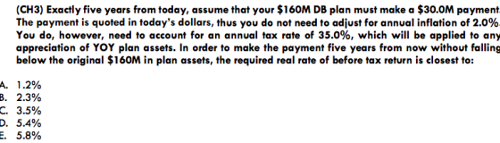 (CH3) Exactly five years from today, assume that your $160M DB plan must make a $30.0M payment The payment is quoted in todays dollars, thus you do not need to adjust for annual inflation of 2.0% You do, however, need to account for an annual tax rate of 35.0%, which will be applied to any appreciation of YOY plan assets. In order to make the payment five years from now without falling below the original $160M in plan assets, the required real rate of before tax return is closest to: A. C. E. 1 .2% 2.3% 3.5% 5.4% 5.8% D.