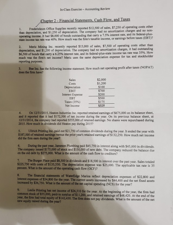 In-Class Exercise - Accounting Review Chapter 2- Financial Statements. Cash Flow, and Taxes Frederickson Office Supplies rece