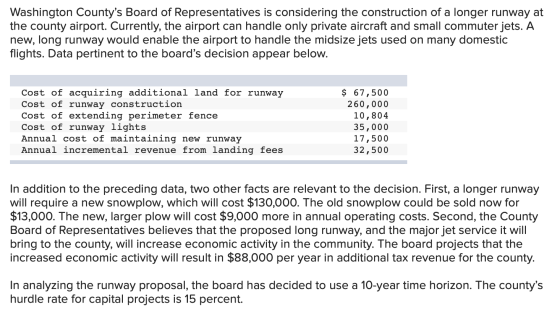 Washington Countys Board of Representatives is considering the construction of a longer runway at the county airport. Curren