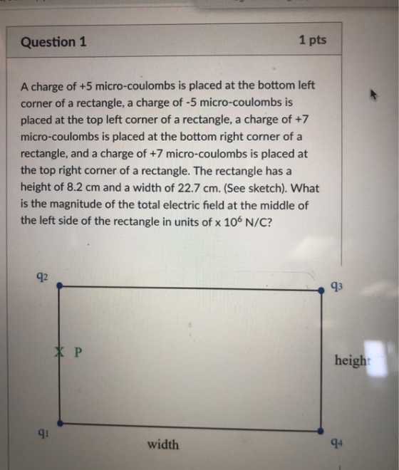 Question 1 1 pts A charge of +5 micro-coulombs is placed at the bottom left corner of a rectangle, a charge of -5 micro-coulombs is placed at the top left corner of a rectangle, a charge of +7 micro-coulombs is placed at the bottom right corner of a rectangle, and a charge of +7 micro-coulombs is placed at the top right corner of a rectangle. The rectangle has a height of 8.2 cm and a width of 22.7 cm. (See sketch). What is the magnitude of the total electric field at the middle of the left side of the rectangle in units of x 106 N/C? 92 93 qi width 94