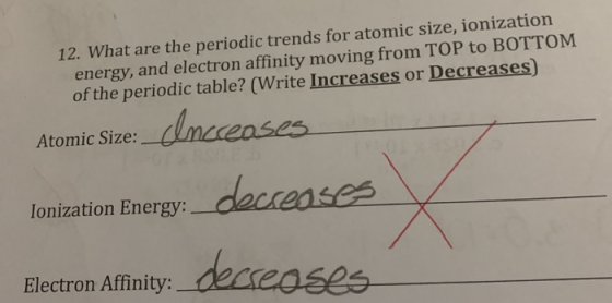 12. What are the periodic trends for atomic size, ionization energy, and electron affinity moving from TOP to BOTTOM of the p