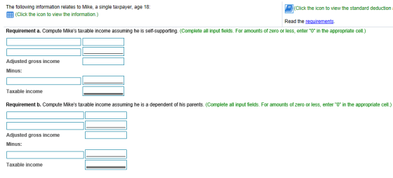 The following information relates to Mike, a single taxpayer, age 18: 囲(Click the icon to view the information.) (Click the icon to view the standard deduction Read the reauirements Requirement a. Compute Mikes taxable income assuming he is self-supporting. (Complete all input fields. For amounts of zero or less, enter O in the appropriate cell.) Adjusted gross income Minus: Taxable income Requirement b. Compute Mikes taxable income assuming he is a dependent of his parents. (Complete all input fields. For amounts of zero or less, enter O in the appropriate cell.) Adjusted gross income Minus Taxable income