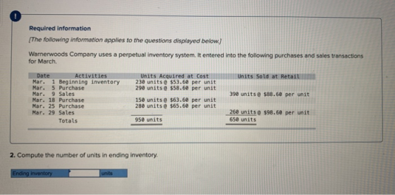 Required information [The following information applies to the questions displayed below.) Warnerwoods Company uses a perpetu