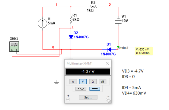 R2 V1 320 -10V SMA D2 1N4007G XMM1 Probe2 V: 630 mV I: 5.00 mA 1N4007G Multimeter-XMM1 -4.37 V VD3 = -4.7V ID3 = 0 _ A dB v 2