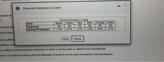 Observed Distribution of Colors places as Colored Candies in a bag Brown Yellow Red Blue 59 65 56 60 0.13 0.14 0.13 0.24 Colo