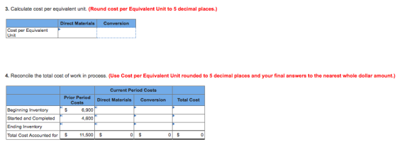 3. Calculate cost per equivalent unit. (Round cost per Equivalent Unit to 5 decimal places.) Direct MaterialsConversion Cost per Equivalent Unit 4. Reconcile the total cost of work in process. (Use Cost per Equivalent Unit rounded to 5 decimal places and your final answers to the nearest whole dollar amount.) Current Period Costs Prior Perlod Direct Materlala Conversi on Total Cost Costs Started and Completed Total Cost Accounted for$ 11,500