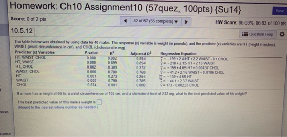 Homework: Ch10 Assignment10 (57quez, 100pts) {Su14} Save Score: 0 of 2 pts 52 of 57 (55 complete) HW Score: 86.63%, 86.63 of