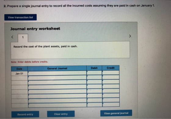 2. Prepare a single journal entry to record all the incurred costs assuming they are paid in cash on January 1. View transact