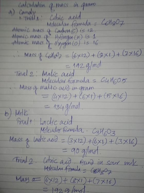 Coloration a mass in gram. illa Cibic acid, - Molecular formula - Collgoz donud mass of Carbon C) is 12 Alpid we Huosadon is