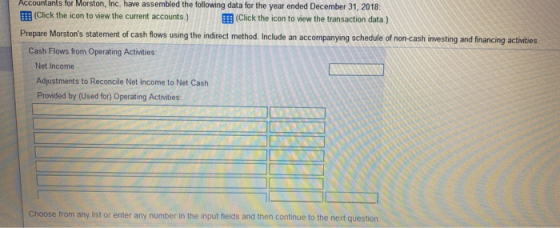 Accountants for Morston, Inc. have assembled the following data for the year ended December 31, 2018: (Click the icon to view
