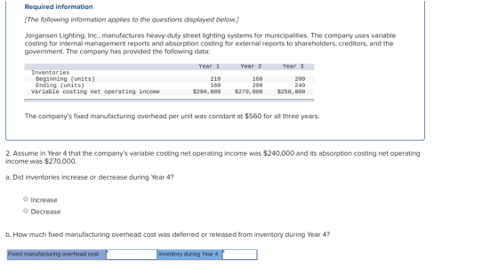 Required information The following information applies to the questions displayed below.) Jorgansen Lighting, Inc., manufactu