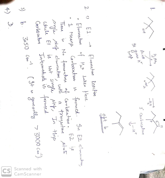 H₂ Poy tot Aced 3 Carbocation It a gres ut long 앞으 2.0 E1 + Elimination Reaction 1. Elimination of H₂o takes place .. • 1 Mea