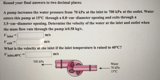 Round your final answers to two decimal places. A pump increases the water pressure from 70 kPa at the inlet to 700 kPa at the outlet. Water enters this pump at 15°C through a 0.8-em-diameter opening and exits through a 3.5-cm-diameter opening. Determine the velocity of the water at the inlet and outlet when the mass flow rate through the pump is0.58 kg/s Vinlet m/s m/s exit What is the velocity at the inlet if the inlet temperature is raised to 40°C? Vinlet,40°C m/s 700 kPa Water 15°C