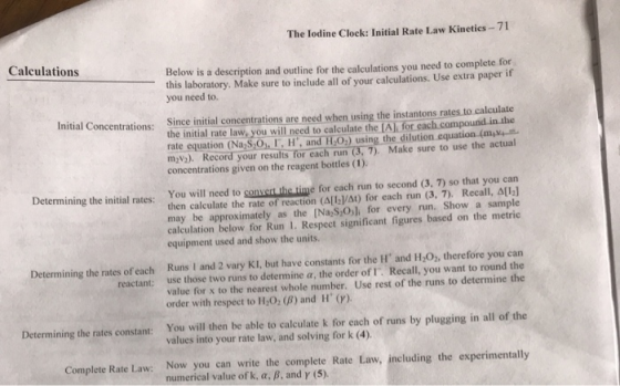 The lodine Clock: Initial Rate Law Kinetics - 71 Calculations Below is a description and outline for the calculations you nee