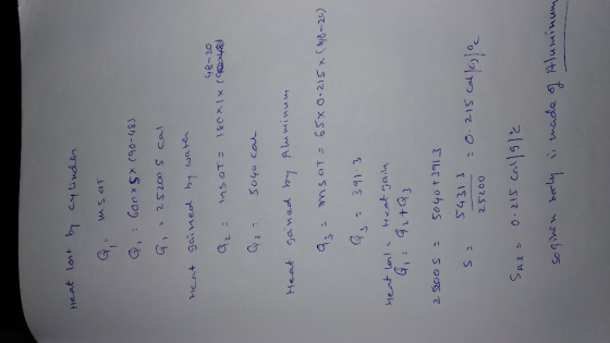 Heat lost by cylinder G = ms at G 600 xgx (90-48) G, 25200 5 cal rent gained by water 48-20 180XTX ( 4) G2 SOT G 5040 cal Hea
