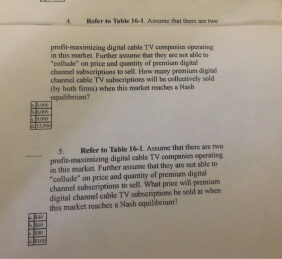 4. Refer to Table 16-1. Assume that there are two profit-maximizing digital cable TV companies operating in this market. Furt