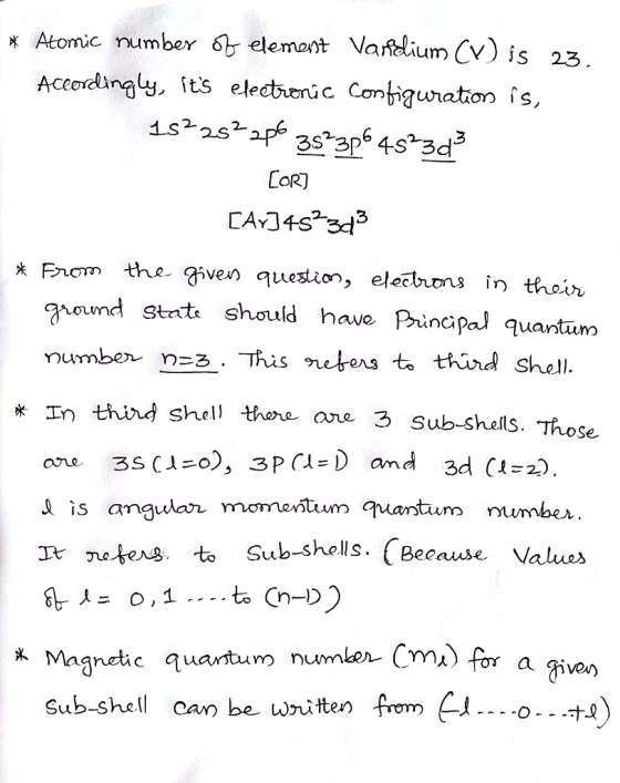 Atomic number 6b elemant Varfeium V)is23 Accoidingy, its elechienic Conbigunation is, COR) F the give question, eleclnons in thor ghound stats should have Principal quantum * In thr shel re ane 3 Sub-shels. Those. 22) s anwar momestum mantum number r netenst Sub-shells. (Because Values ma) Magnehc quantum number C Sub-shell can be wnitten from *