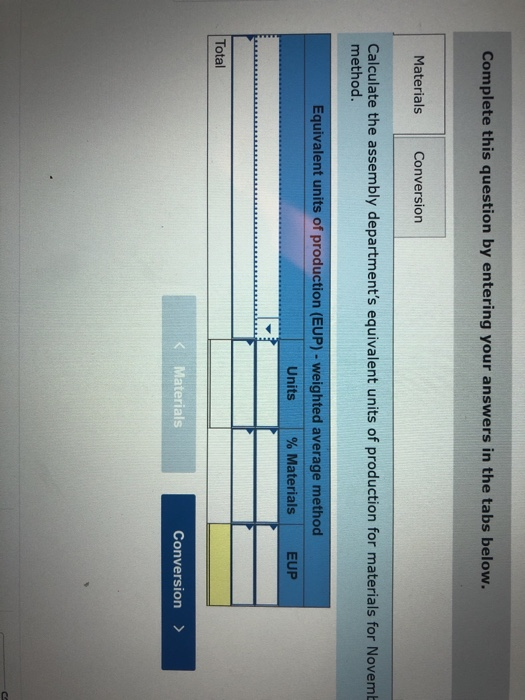 Complete this question by entering your answers in the tabs below. Materials Conversion Calculate the assembly departments e