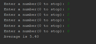 Enter a number (0 to stop): Enter a number (0 to stop): Enter a number (0 to stop): Enter a number (0 to stop): Enter a numbe